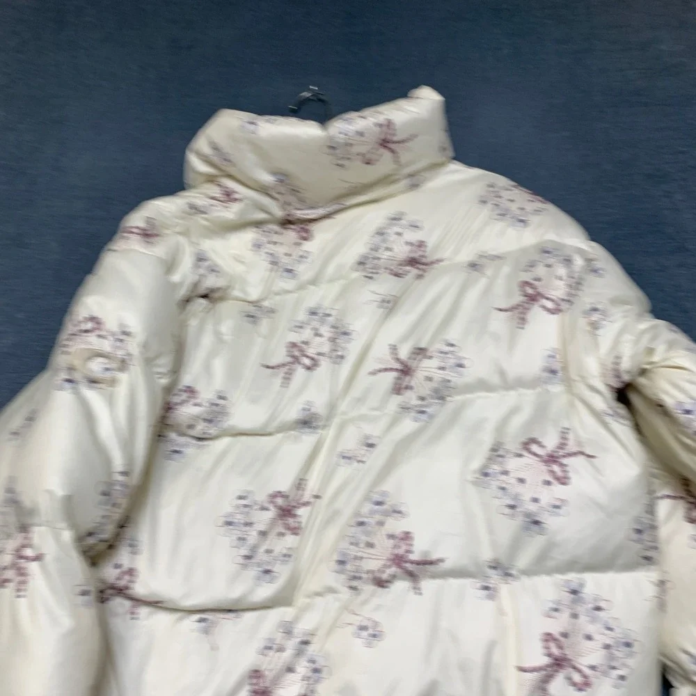 Coach Puffer Jacket Womens Large Cream Floral Print Long Sleeve Winter Full Zip